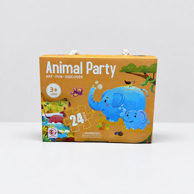 Animal Party Puzzle box front, elephants and jungle artwork, the 24-piece badge and the 3+ age badge
