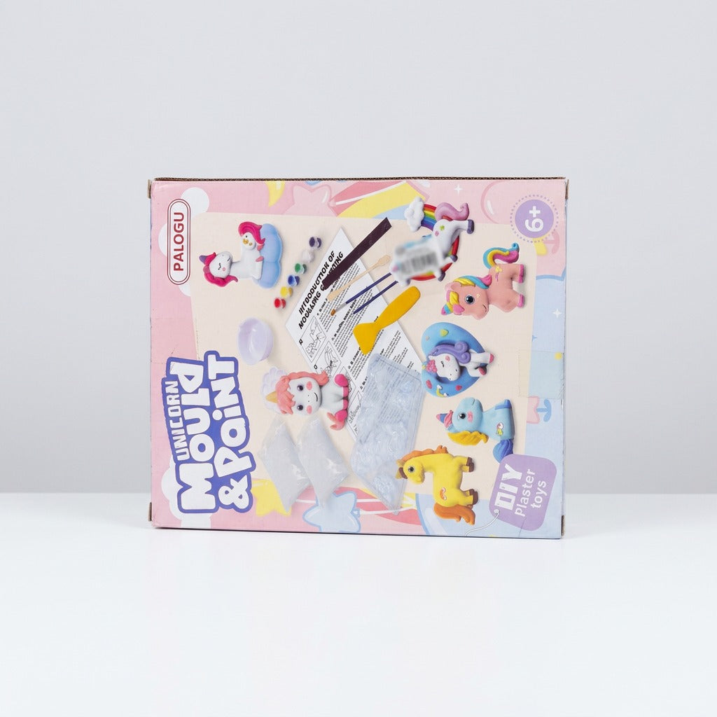 Mould & Paint Craft Kit box front, the plaster powder packets, mixing bowl, mould, paints and finished unicorn figures