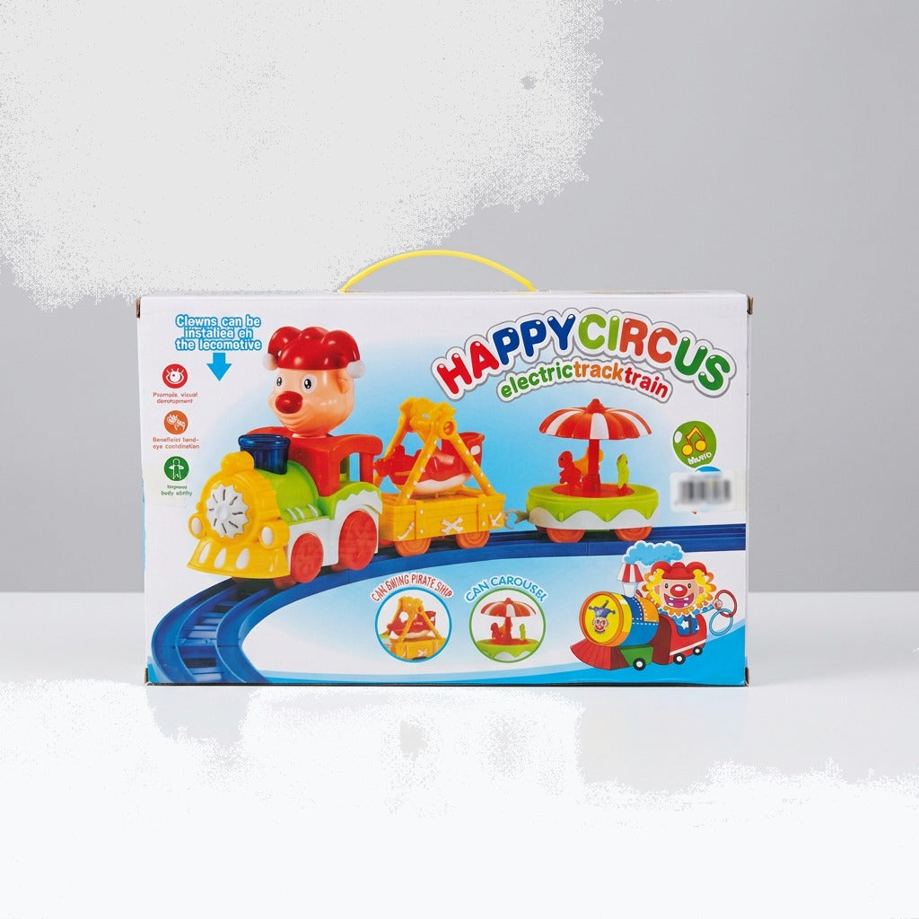 Happy Circus electric track train box front showing the clown engine, pirate ship and carousel