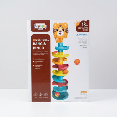 Educational Bang and Bingo ball drop tower box front, tiger head basket above a spiral of chutes
