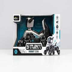 Stunt Robot Dog box front, showing the silver and black robot dog on its wheeled legs, with the 6+ age badge and feature icons