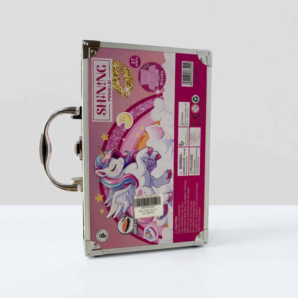 Closed case viewed from an angle showing the carry handle, barcode and warning label