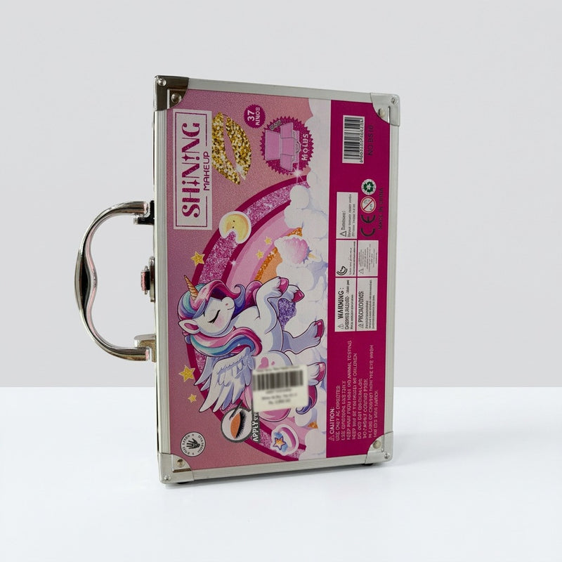 Closed case viewed from an angle showing the carry handle, barcode and warning label