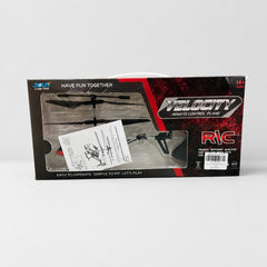 Velocity remote control helicopter box front, helicopter in the window with the instruction sheet