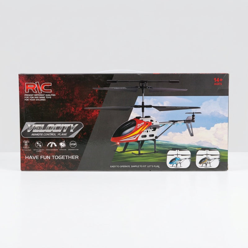 Box back showing the red and white helicopter in flight and the five feature icons