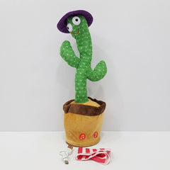 Dancing Cactus plush toy beside its box, googly eyes, felt hat, music-note buttons on the pot