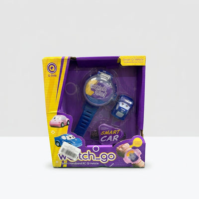 Watch Go box front, blue wrist controller and small police car in a purple tray