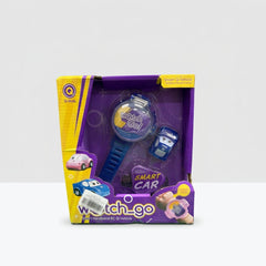 Watch Go box front, blue wrist controller and small police car in a purple tray