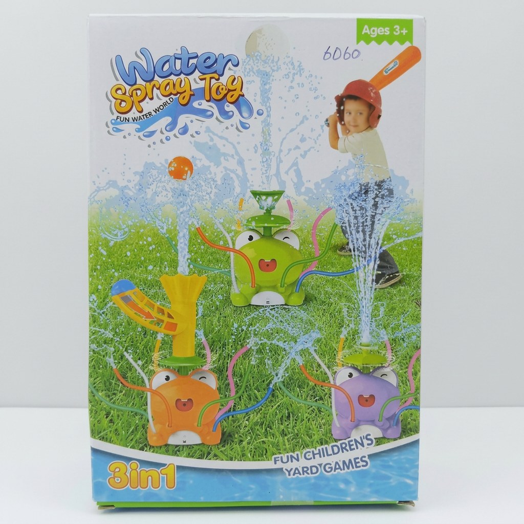 Water Spray Toy box front, green orange and purple frog sprinklers, 3 in 1, Ages 3+ tag