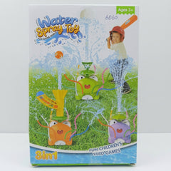 Water Spray Toy box front, green orange and purple frog sprinklers, 3 in 1, Ages 3+ tag