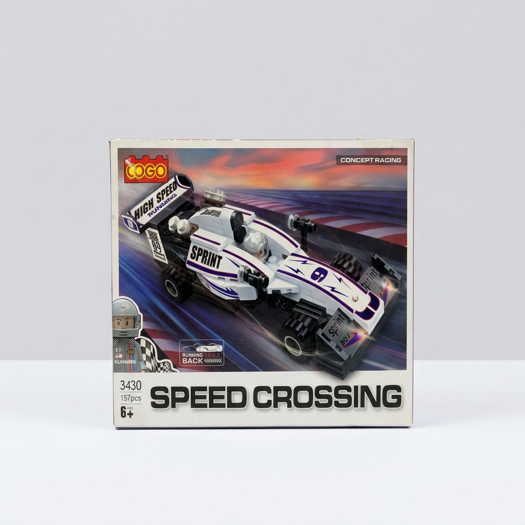 White and purple building-block race car box, front panel showing the built open-wheel car with a helmeted driver minifigure, 157pcs 6+