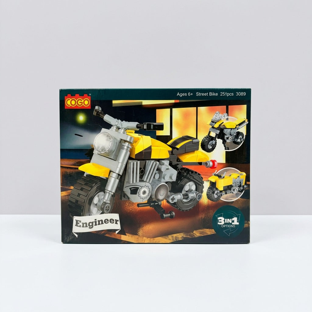 Yellow street-bike building-block box, front panel showing the built motorcycle, "Engineer", Ages 6+, 251pcs, "3 in 1 Options" badge