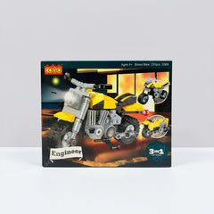 Yellow street-bike building-block box, front panel showing the built motorcycle, "Engineer", Ages 6+, 251pcs, "3 in 1 Options" badge