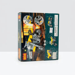 Yellow street-bike building-block box, back panel showing numbered build-option thumbnails, a dimension callout and the choking-hazard warning